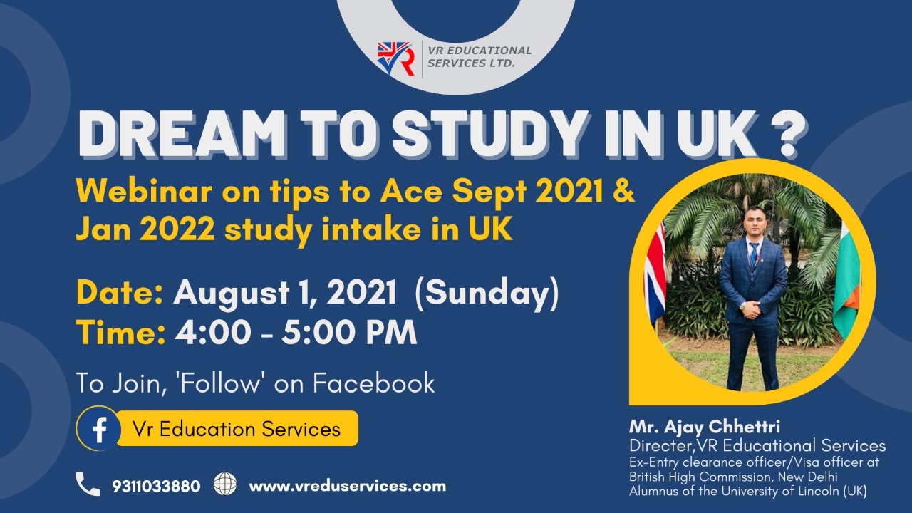 VR Education Services | webinar on Tips to Ace sept 2021 and Jan 2022 UK study Intake