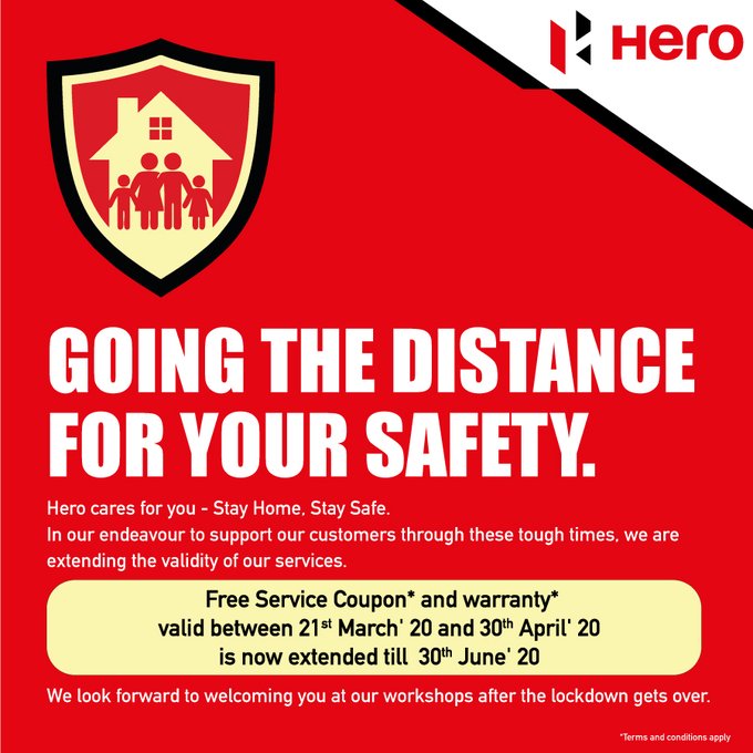 Hero MotoCorp extended the warranty and free service till June 30