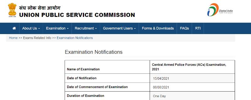 UPSC CAPF 2021 Examination