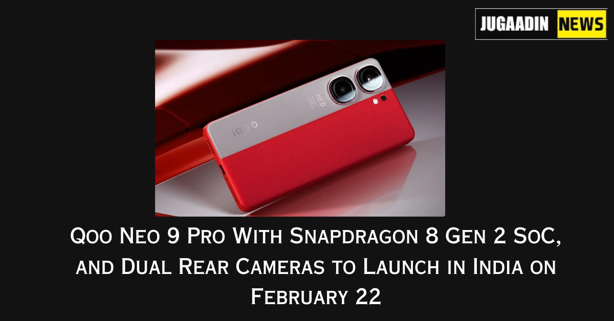 Neo 9 Pro will launch in India on February 22nd Thusday. Neo 9 Pro has already been launched in China but the Indian model will have a different chipset. The company reveals a teaser image, it shows the dual-tone design, dual camera sensors, an LED flash, and iQOO branding on the back panel. The phone appears to have a leather finish, which would offer a good grip and also add to the overall aesthetics of the phone. The USB Type-C port, speaker grills, and primary microphone are at the bottom. The iQOO Neo 9 Pro will come in red/grey dual-tone colors. It remains to be seen whether there would be any other color options. The expected price of the iQOO Neo 9 Pro in India The estimated cost of the iQOO Neo 9 Pro in India is approximately Rs 40,000. However, when it will introduced in India, accurate pricing information will be revealed. iQOO Neo 9 Pro specifications Display: Neo 9 Pro has a 6.78-inch 1.5K AMOLED display with 2800×1260 pixels resolution, a 144Hz refresh rate, 2160Hz PWM dimming, HDR10+, and a punch-hole cutout for selfie snapper. RAM and storage: Neo 9 pro provides 12GB/16GB LPDDR5X RAM and 256GB/512GB/1TB UFS 4.0 Storage. OS: iQOO Neo 9 works on android 14-based OriginOS custom skin out of the box. Camera: The Neo 9 Pro features a 50MP IMX920 VCS bionic camera with f/1.88 aperture, LED flash, OIS, and a 50MP ultra-wide-angle camera. Front camera: It provides a 16MP shooter on the front for selfies. Battery: iQOO Neo 9 Pro packs a 5,160mAh battery with 120W fast charging support. Chipset: The iQOO Neo 9 phone is confirmed to be powered by the Qualcomm Snapdragon 8 Geb 2 SoC with Adreno GPU. Others: In-display fingerprint sensor, Hi-Fi audio, stereo speakers, and infrared sensor.