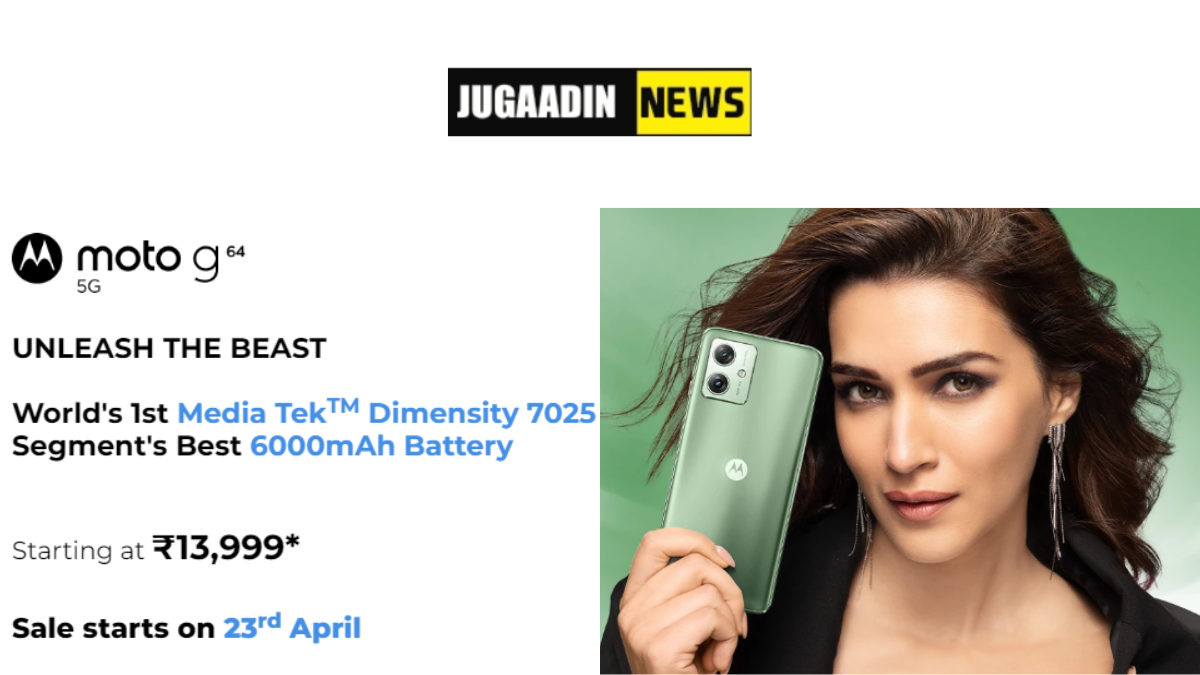 A model holding green coloured moto g64 in one hand