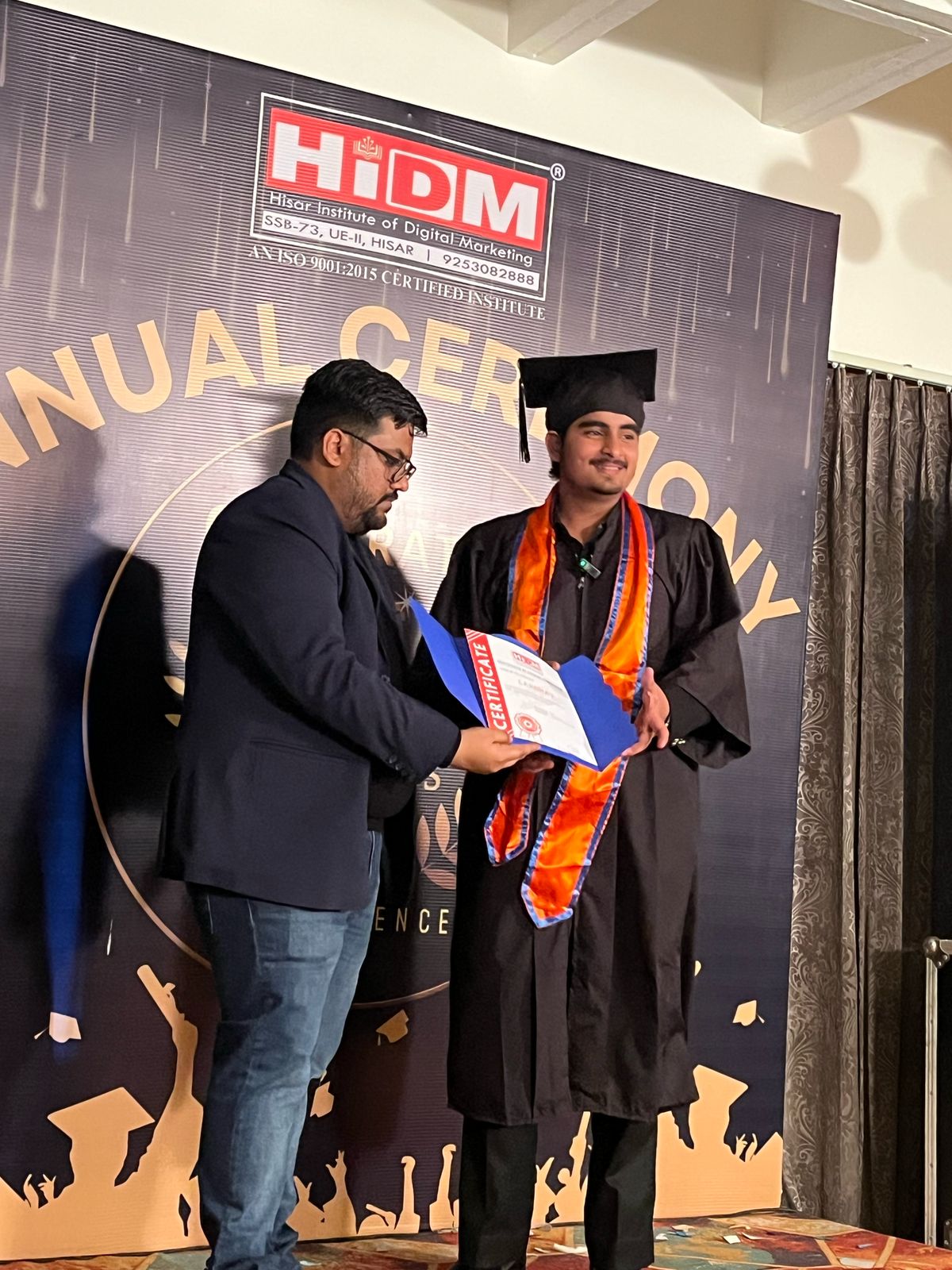 Joyful student holding certificate after course completion.