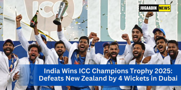 India wins ICC Champions Trophy 2025, players celebrating victory in Dubai