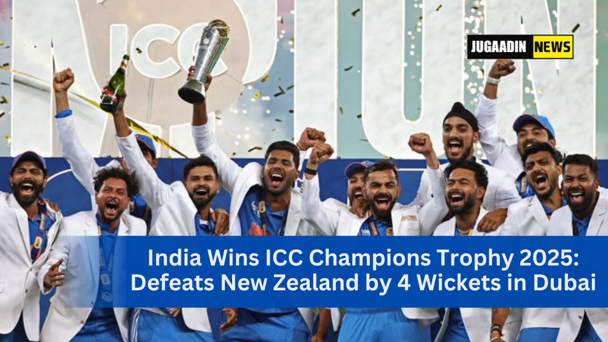 India wins ICC Champions Trophy 2025, players celebrating victory in Dubai