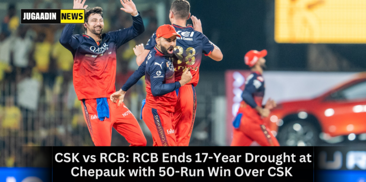 RCB players celebrating after defeating CSK by 50 runs in IPL 2025 at Chepauk Stadium.