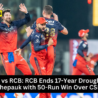 RCB players celebrating after defeating CSK by 50 runs in IPL 2025 at Chepauk Stadium.