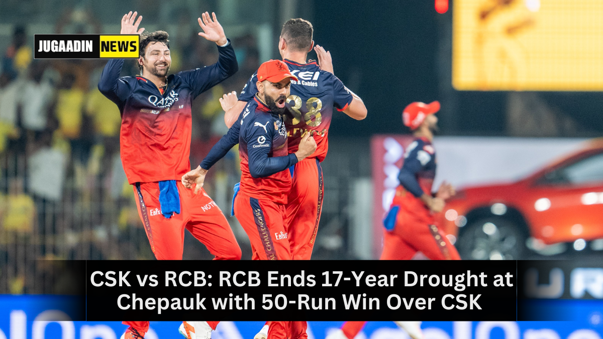 RCB players celebrating after defeating CSK by 50 runs in IPL 2025 at Chepauk Stadium.