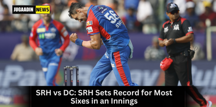 SRH batsman hitting a six during their record-breaking IPL 2025 match against DC.