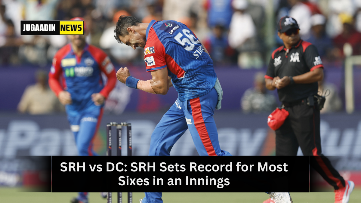 SRH batsman hitting a six during their record-breaking IPL 2025 match against DC.