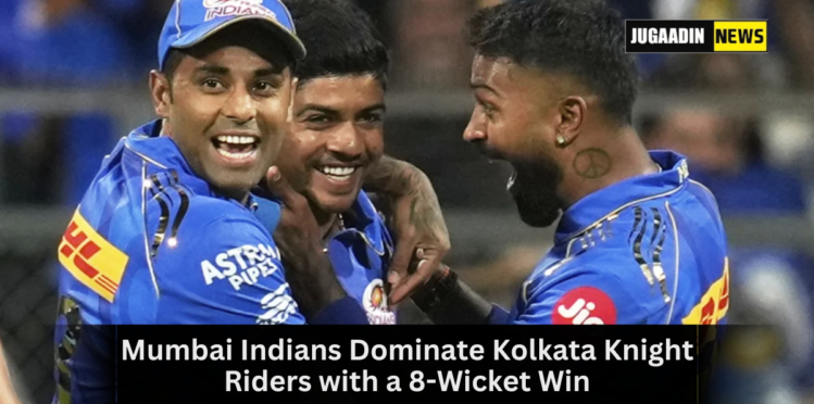 Mumbai Indians celebrate an 8-wicket win against Kolkata Knight Riders in IPL 2025, with Ashwani Kumar and Ryan Rickelton leading the charge.
