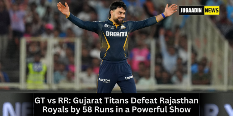 Gujarat Titans celebrate victory over Rajasthan Royals in IPL 2025 after winning by 58 runs at Narendra Modi Stadium.