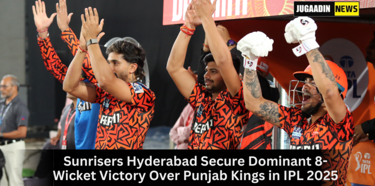 Abhishek Sharma celebrating after scoring 141 runs off 55 balls during SRH’s victory over PBKS in IPL 2025.