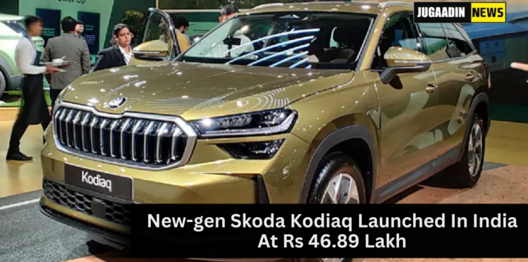 Front and side view of the 2025 Skoda Kodiaq SUV launched in India, featuring LED headlights and bold exterior styling.