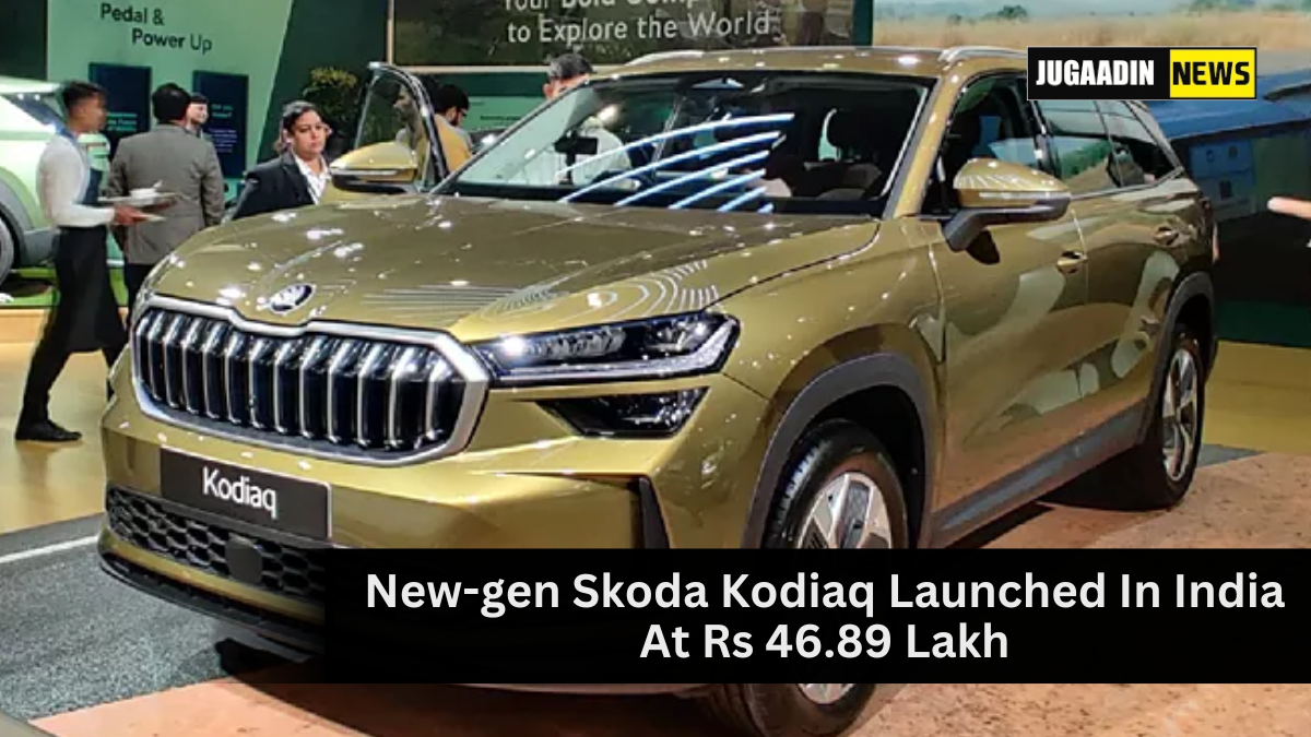 Front and side view of the 2025 Skoda Kodiaq SUV launched in India, featuring LED headlights and bold exterior styling.