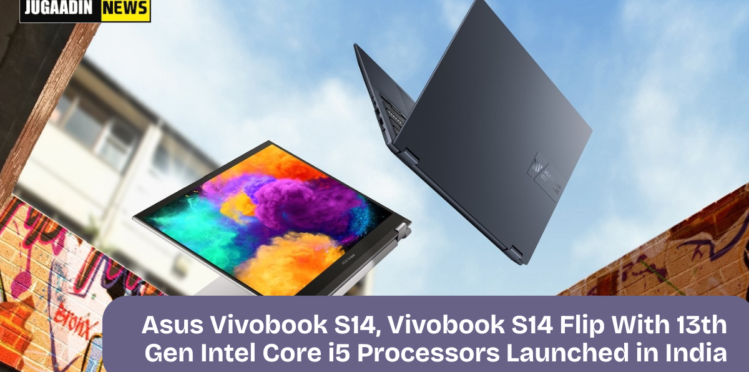 Asus Vivobook S14 and S14 Flip laptops displayed with 13th Gen Intel Core i5 branding, showcasing sleek design and convertible touchscreen feature