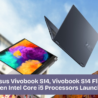Asus Vivobook S14 and S14 Flip laptops displayed with 13th Gen Intel Core i5 branding, showcasing sleek design and convertible touchscreen feature