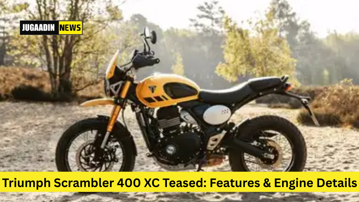 Triumph Scrambler 400 XC motorcycle with retro design, high-mounted exhaust, and rugged off-road styling.