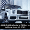 White Mercedes-AMG G63 Collector’s Edition SUV, front-angle view, parked against a city-scape and fountain backdrop.