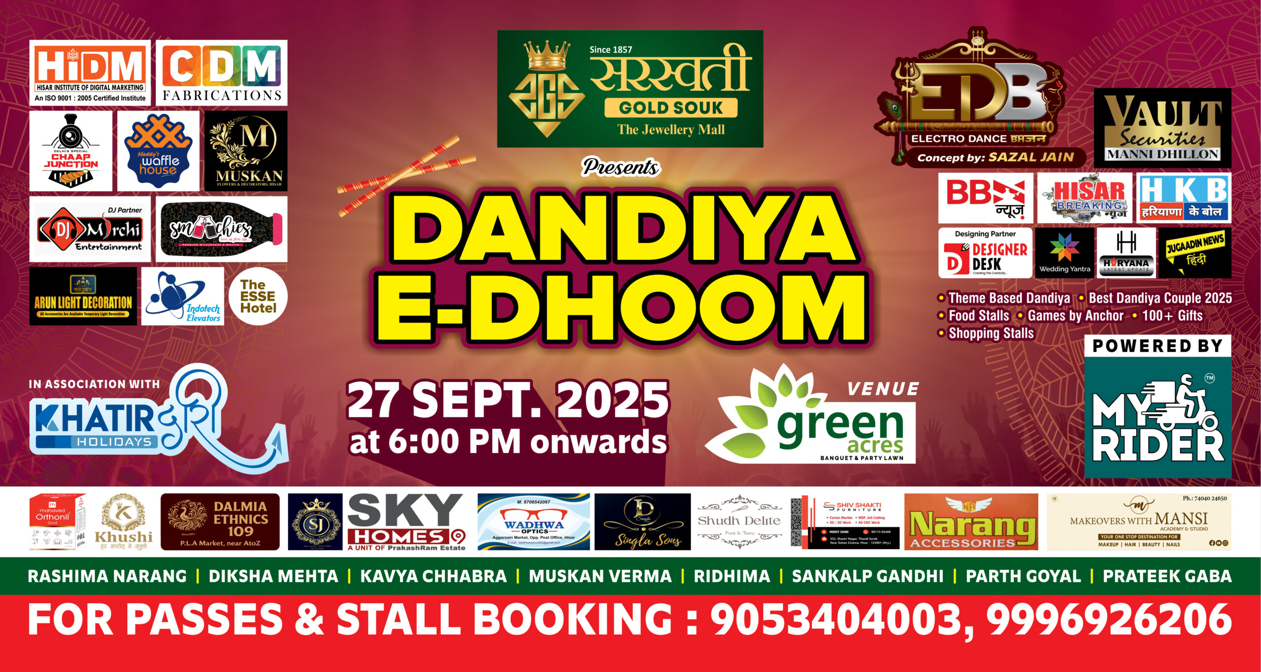 Dandiya E-Dhoom event in Hisar on 27th September 2025 at Green Acres Banquet & Party Lawn with music, dance, food stalls, and shopping.