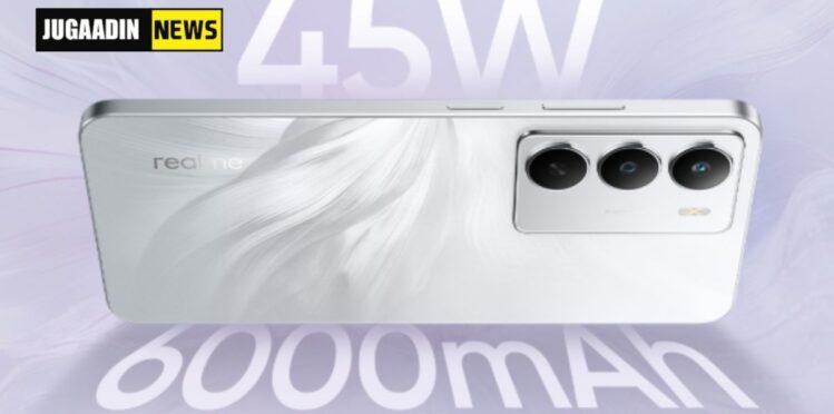 Realme smartphone with triple camera, 6000mAh battery and 45W fast charging showcased in white finish.