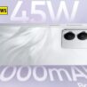 Realme smartphone with triple camera, 6000mAh battery and 45W fast charging showcased in white finish.