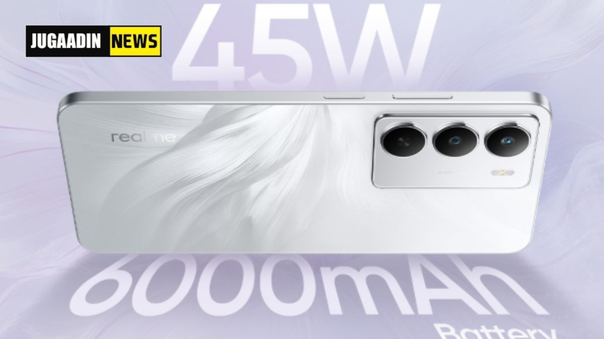Realme smartphone with triple camera, 6000mAh battery and 45W fast charging showcased in white finish.