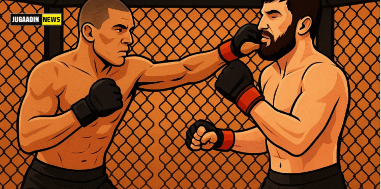 Illustration of two MMA fighters in a cage ring exchanging punches during an intense match.