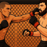 Illustration of two MMA fighters in a cage ring exchanging punches during an intense match.