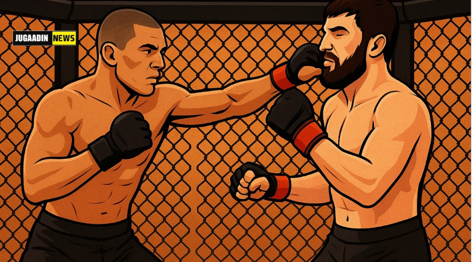 Illustration of two MMA fighters in a cage ring exchanging punches during an intense match.
