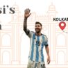 A graphic from Jugaadin News showing Lionel Messi in his Argentina jersey waving. The text reads "Messi's India Tour 2025" with a map showing a tour route connecting Kolkata, Delhi, and Mumbai.