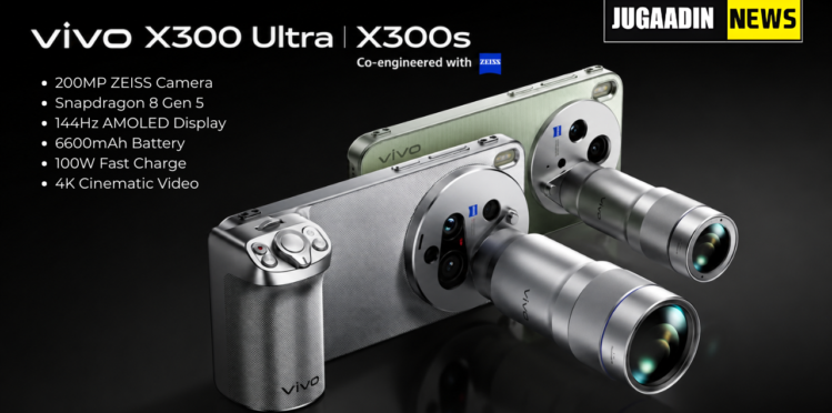 Vivo X300 Ultra poster showing 200MP ZEISS camera, Snapdragon 8 Gen 5, 144Hz AMOLED display, 6600mAh battery and fast charging features
