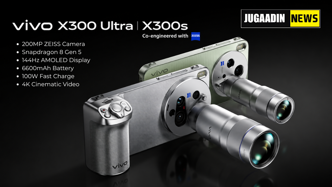 Vivo X300 Ultra poster showing 200MP ZEISS camera, Snapdragon 8 Gen 5, 144Hz AMOLED display, 6600mAh battery and fast charging features