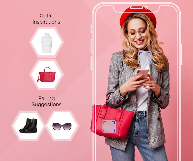 AI-powered fashion shopping concept showing a stylish woman using a smartphone with outfit inspiration and fashion accessory pairing suggestions displayed on a digital interface.