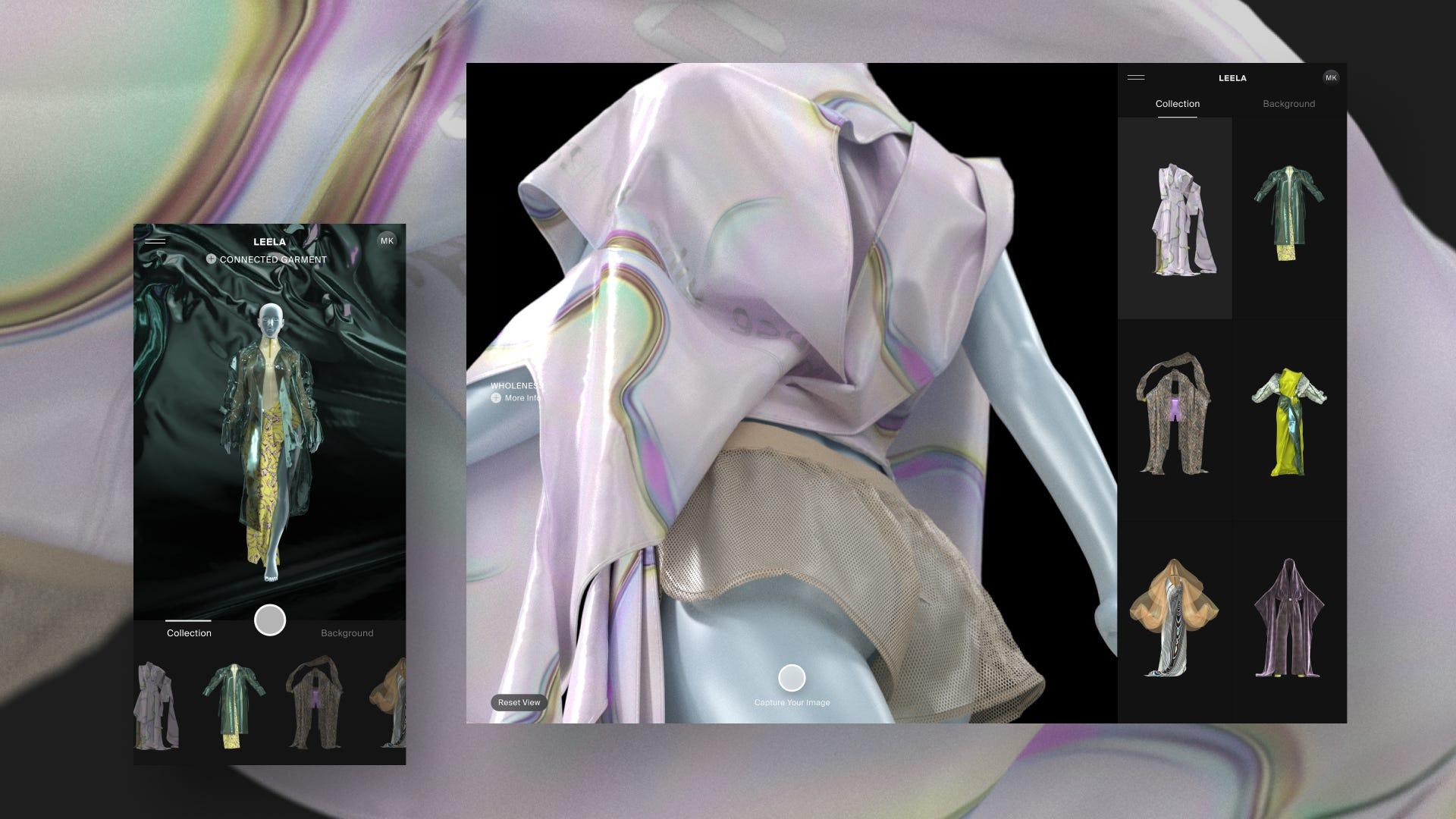 Advanced digital fashion design platform showcasing futuristic virtual garments, 3D clothing visualization, and AI-powered fashion customization technology.