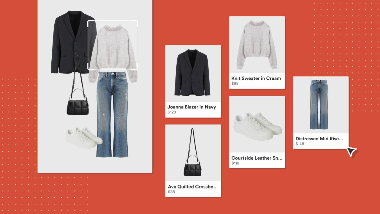 Digital fashion styling interface displaying a complete casual outfit with a navy blazer, cream knit sweater, blue distressed jeans, white sneakers, and black handbag, alongside clickable product recommendation cards on an orange background.