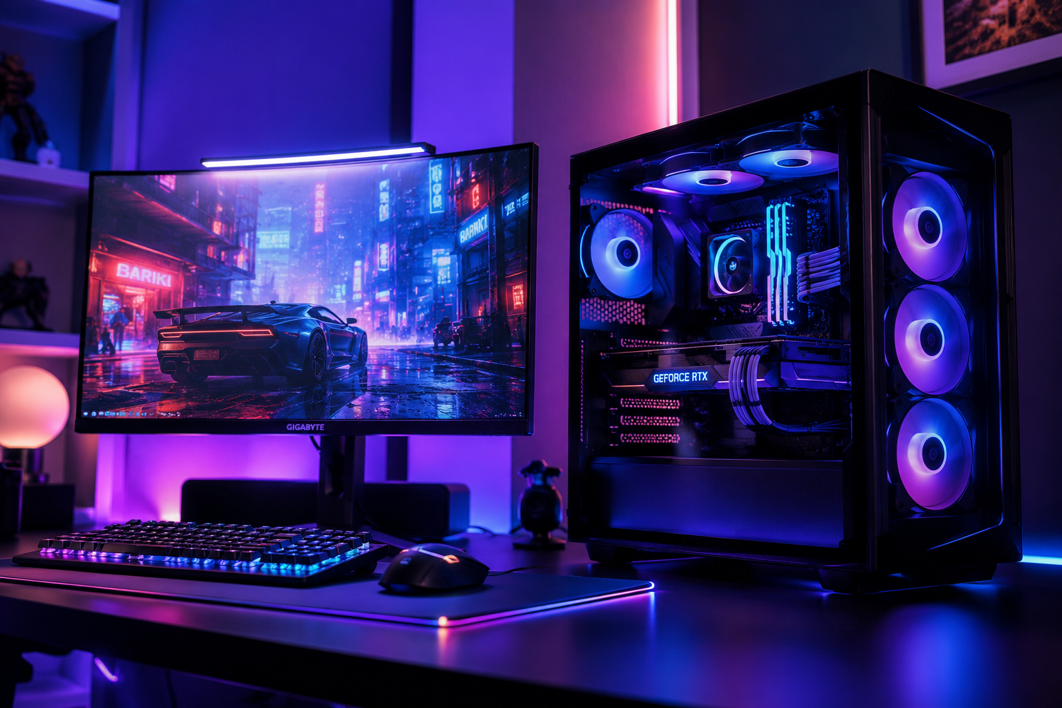 High-end RGB gaming PC setup with curved monitor, mechanical keyboard, and GeForce RTX graphics in neon-lit gaming room