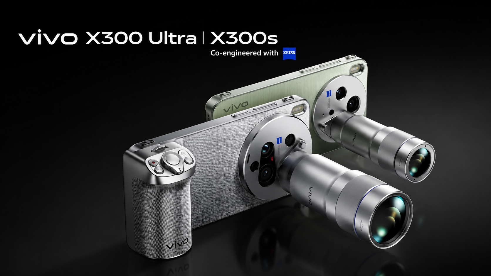 Vivo X300 Ultra and X300s smartphones with ZEISS camera lens attachment showcased in premium studio setup
