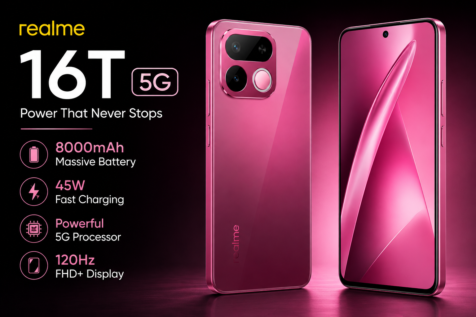 Realme 16T 5G launched smartphone pink color with 8000mAh battery, 45W fast charging, 120Hz display and sleek front and back design image