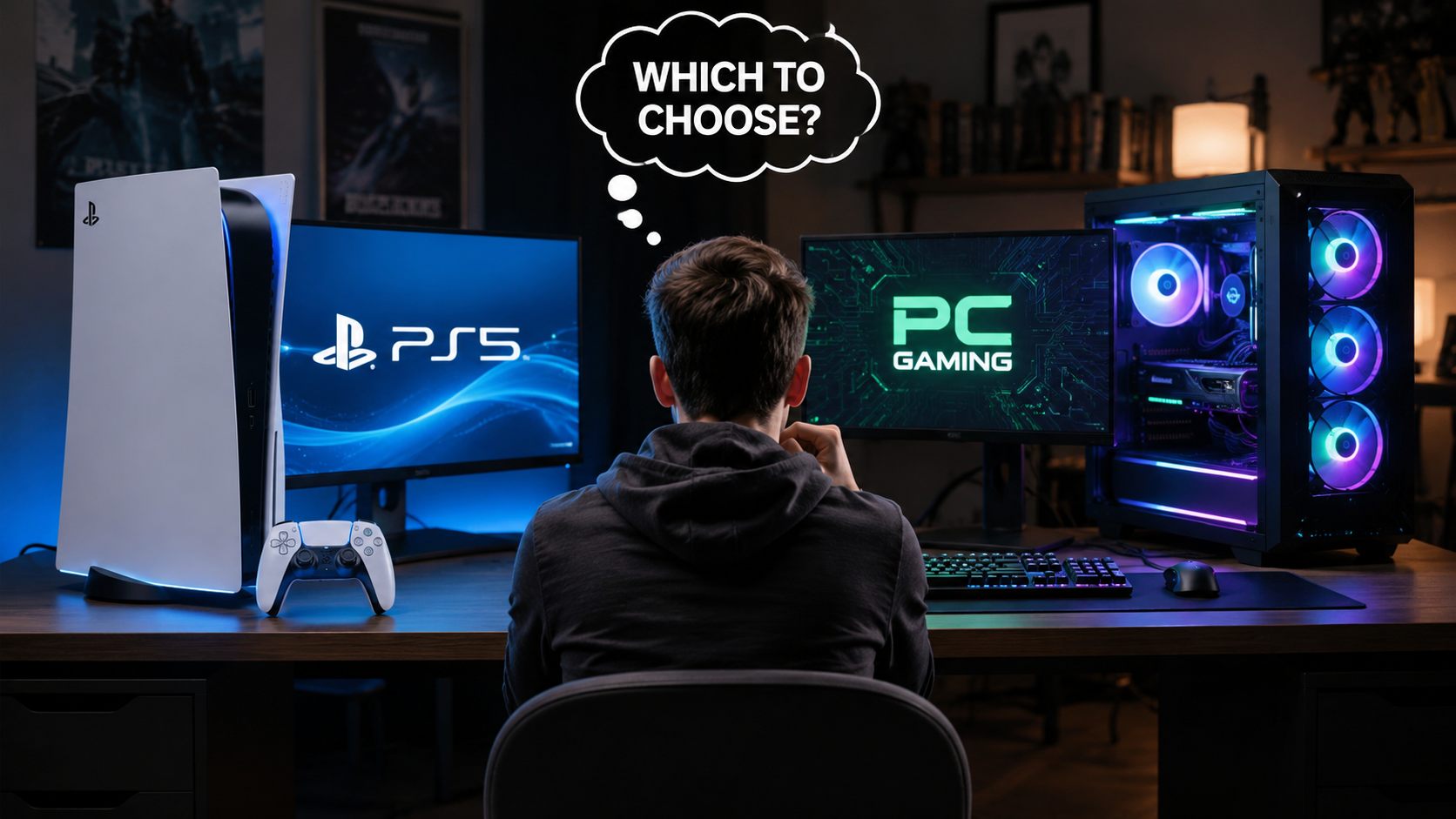 PS5 vs gaming PC comparison showing a gamer choosing between PlayStation 5 console and RGB gaming PC setup with dual monitors