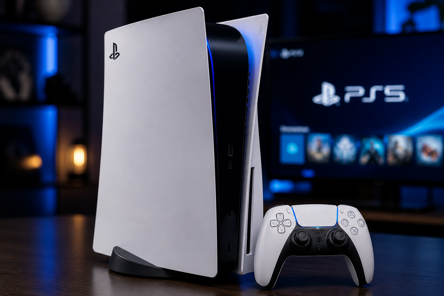 PlayStation 5 console and controller setup with gaming screen in background showcasing next gen console design