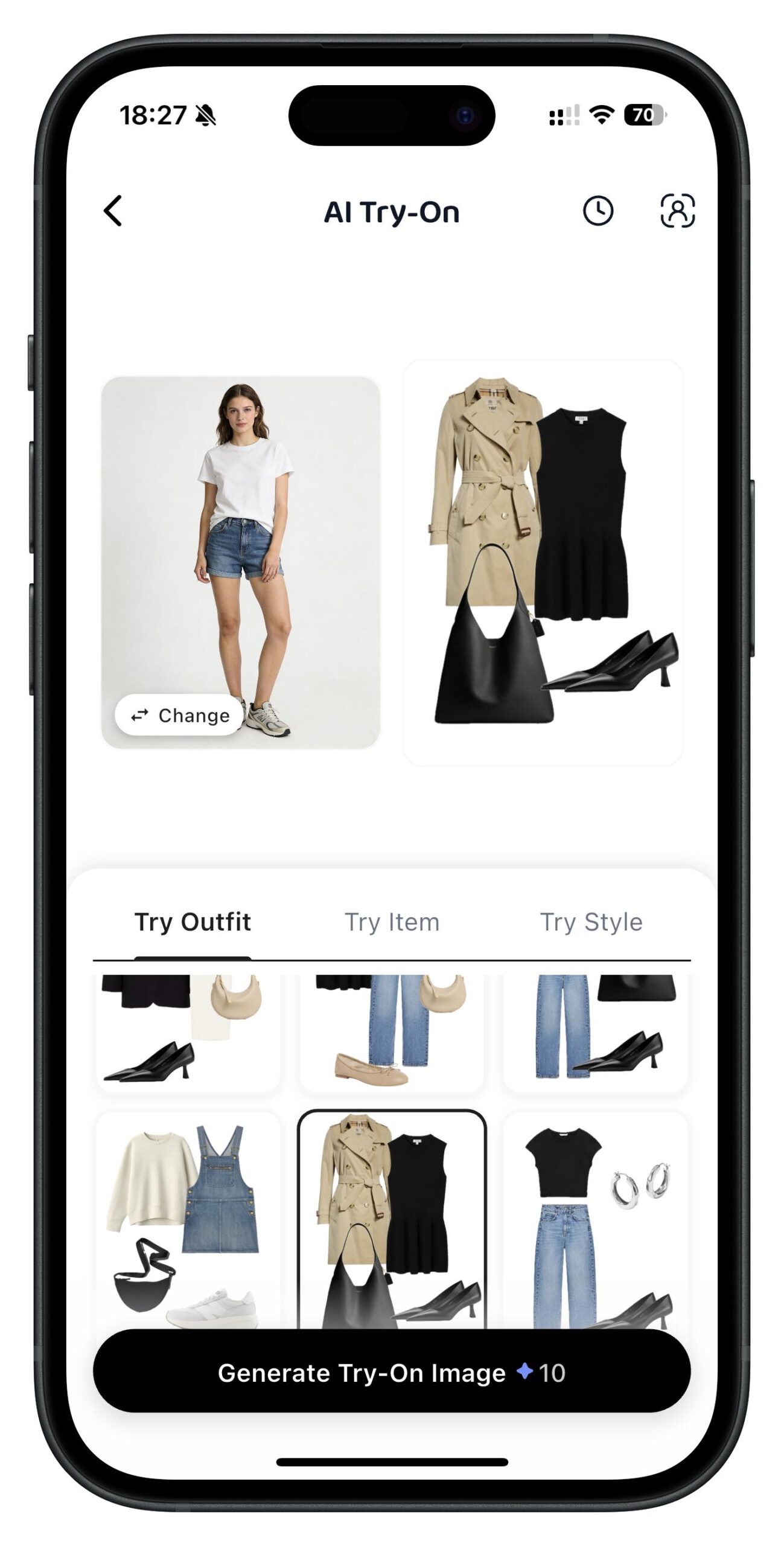 Mobile AI try-on fashion app interface displaying virtual outfit styling, clothing combinations, and digital fashion visualization for personalized shopping experience.