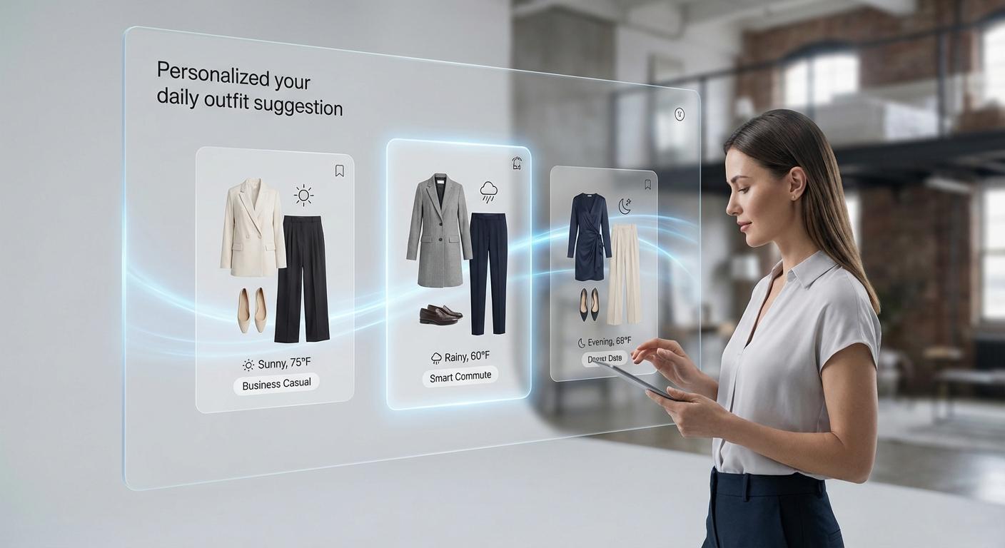 AI-powered personalized fashion recommendation interface showing a woman receiving smart daily outfit suggestions based on weather, occasion, and style preferences through a futuristic digital display.