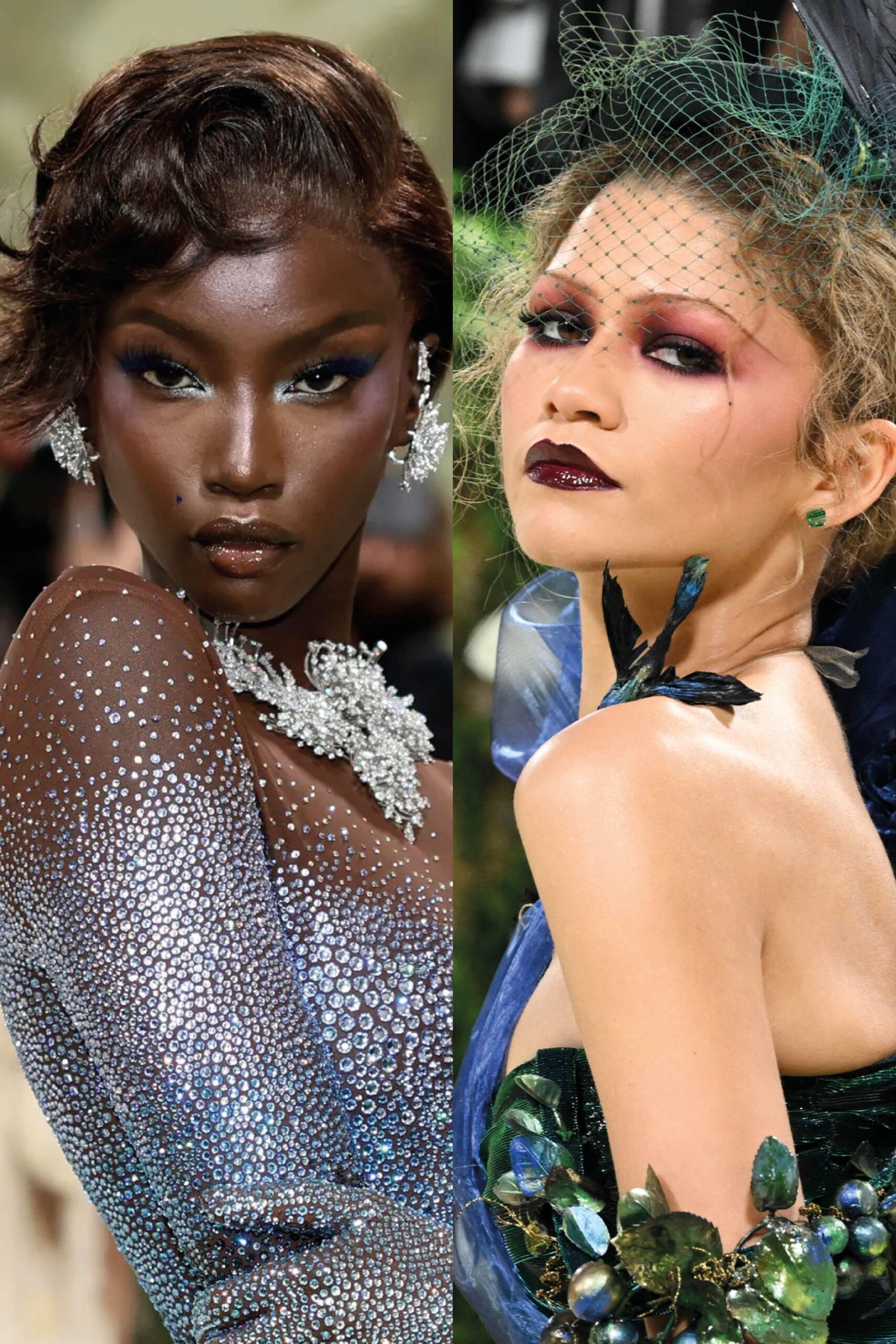 Split portrait featuring two women in dramatic fashion and beauty looks. On the left, a woman wears a sparkling crystal-covered outfit with bold blue eye makeup and statement jewelry. On the right, a woman wears dark floral-inspired styling with dramatic burgundy makeup, a netted headpiece, and decorative leaf accents.