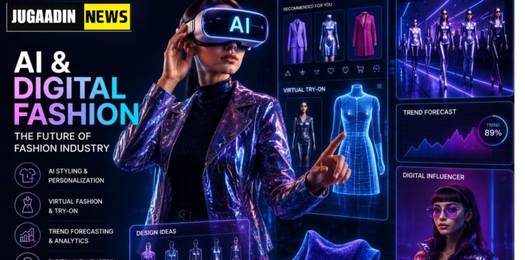 Futuristic AI and digital fashion concept featuring a woman using VR technology with virtual styling tools, digital fashion interfaces, trend forecasting analytics, and virtual fashion show elements.