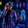 Futuristic AI and digital fashion concept featuring a woman using VR technology with virtual styling tools, digital fashion interfaces, trend forecasting analytics, and virtual fashion show elements.