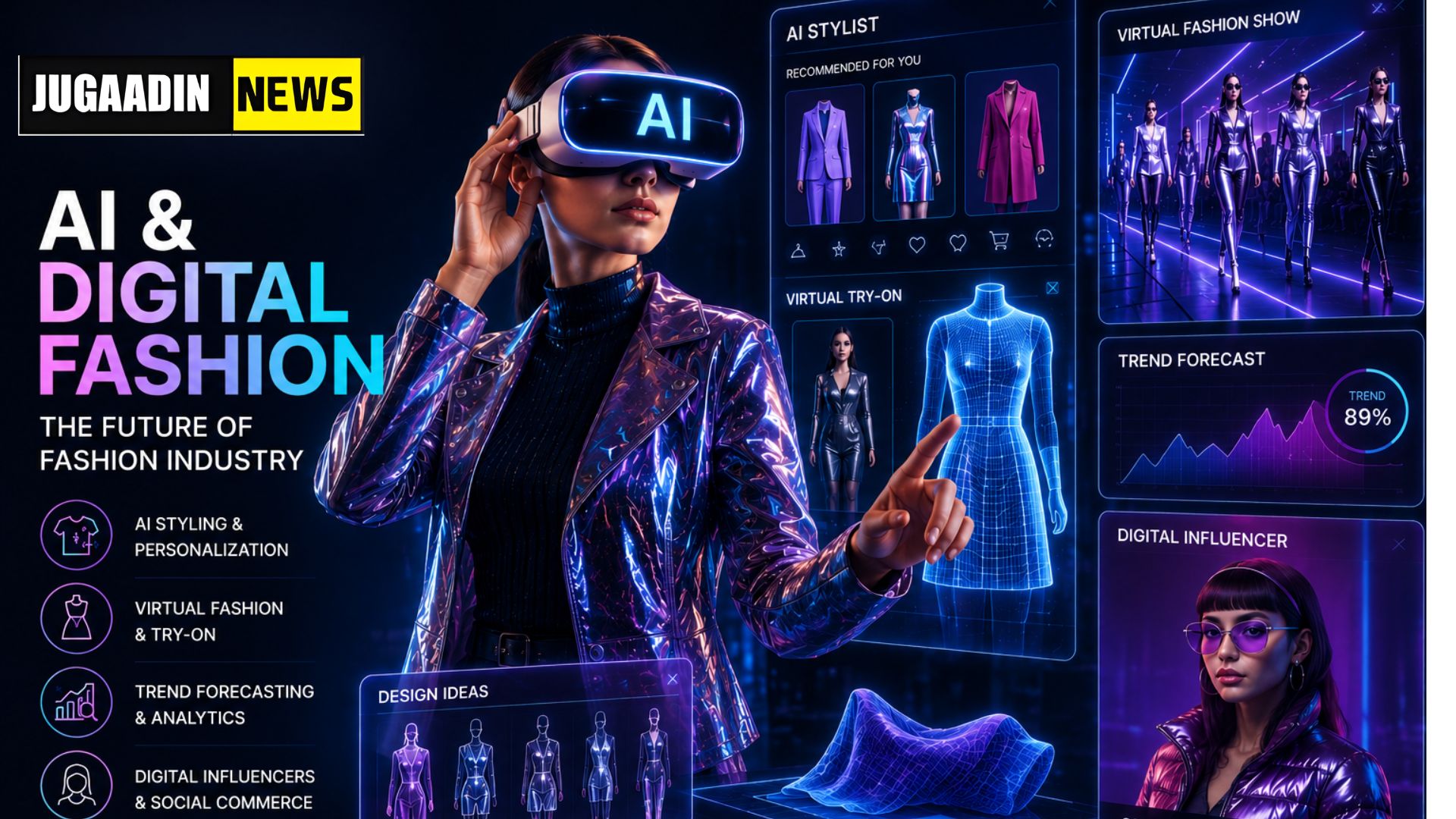 Futuristic AI and digital fashion concept featuring a woman using VR technology with virtual styling tools, digital fashion interfaces, trend forecasting analytics, and virtual fashion show elements.