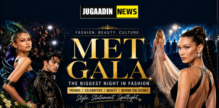 Met Gala fashion trends 2026 themed featuring glamorous celebrity-inspired fashion looks, gold typography, red carpet photographers, and the “Jugaadin News” logo at the top against a luxurious dark blue background.