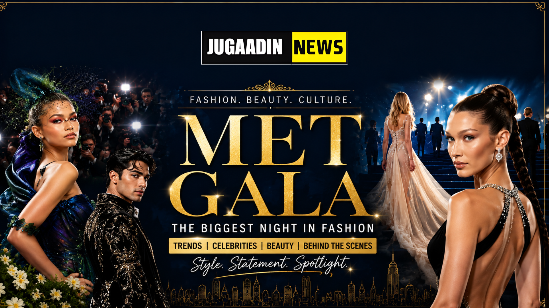 Met Gala fashion trends 2026 themed featuring glamorous celebrity-inspired fashion looks, gold typography, red carpet photographers, and the “Jugaadin News” logo at the top against a luxurious dark blue background.