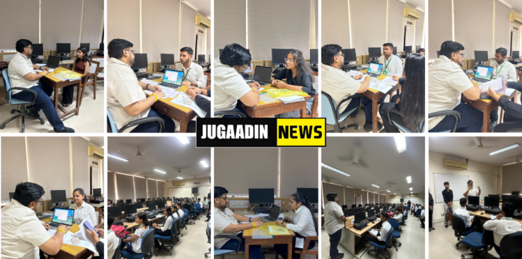 Collage of campus interview sessions where students are being interviewed by recruiters in a computer lab setting, with multiple candidates interacting one-on-one and group briefing sessions.