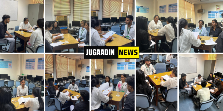 Collage of students participating in interview sessions inside a computer lab, with interviewers reviewing resumes and candidates answering questions across multiple scenes.